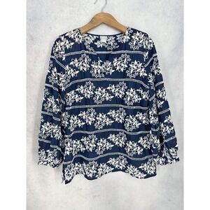 Chico's Size 2 Navy White Floral Eyelet Embroidered Split Neck Blouse Size Large